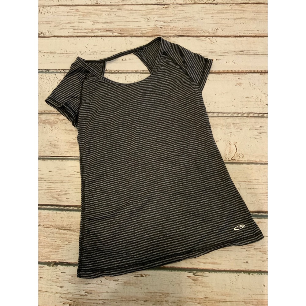 Champion Duo Dry Womens XS Striped Short Sleeve Open Back Activewear Top Grey